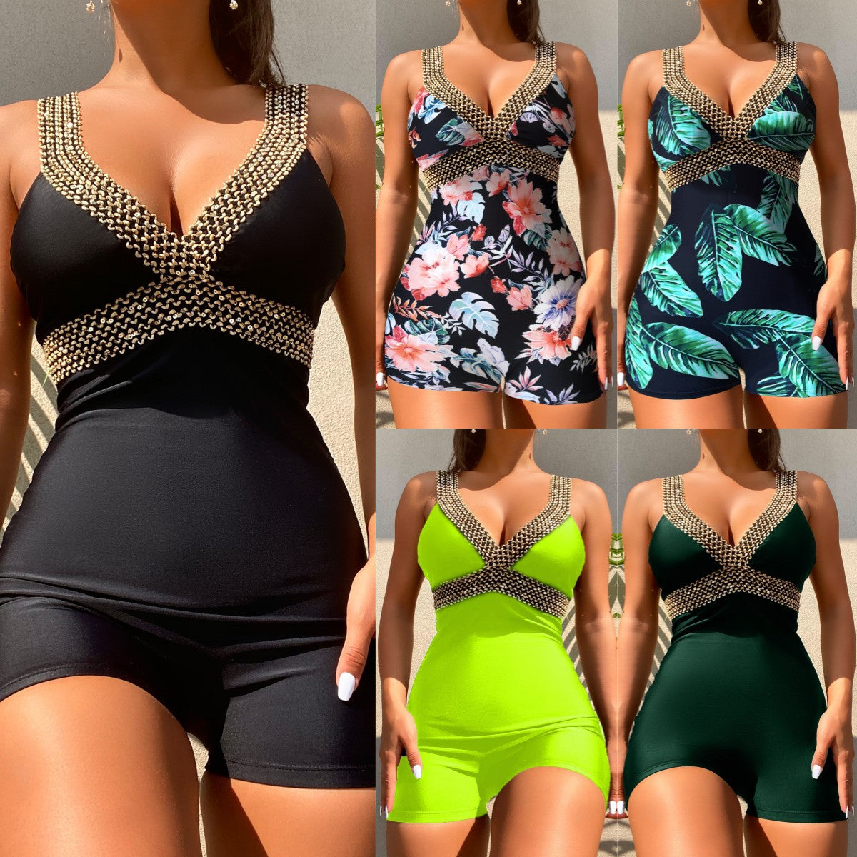 Sexy Deep V-Neck High-Cut Backless One-Piece Swimsuit