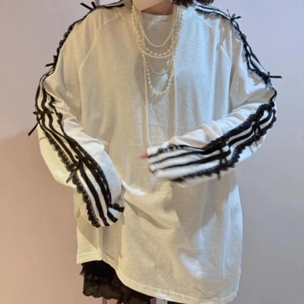 Chic Lace-Trim Bow Long Sleeve Top