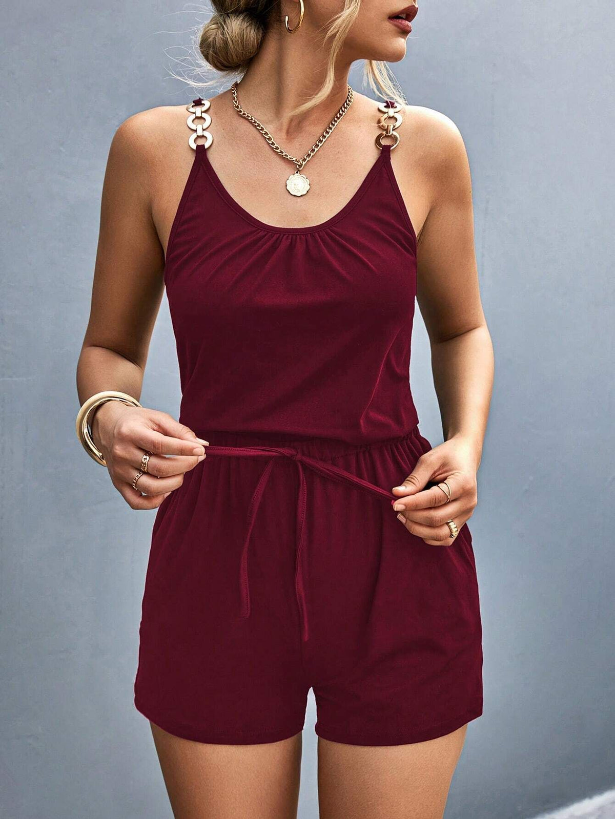 Women's Chic Pleated Metal Strap Summer Jumpsuit