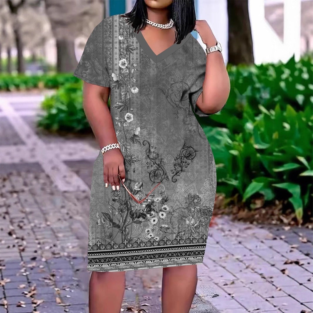 V-neck Short-sleeve Printed Dress Plus Size Skull