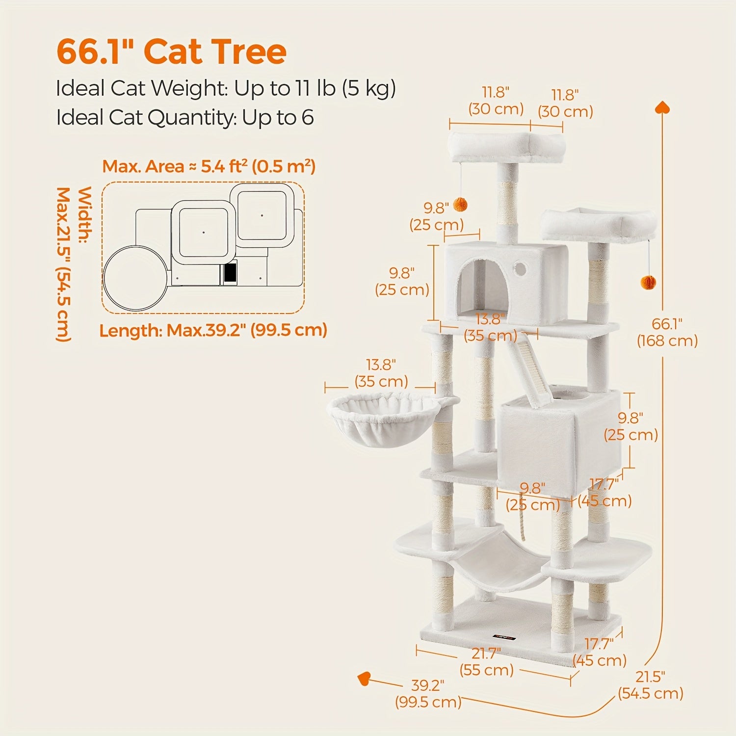 66.1/44.1in Cat Tree, Large Cat Tower with 13 Scratching Posts, 2 Perches, 2 Caves, Hanging Basket & Hammock, Pompoms, Stable Kitty Play House, Multi-Level Plush Cat Condo for