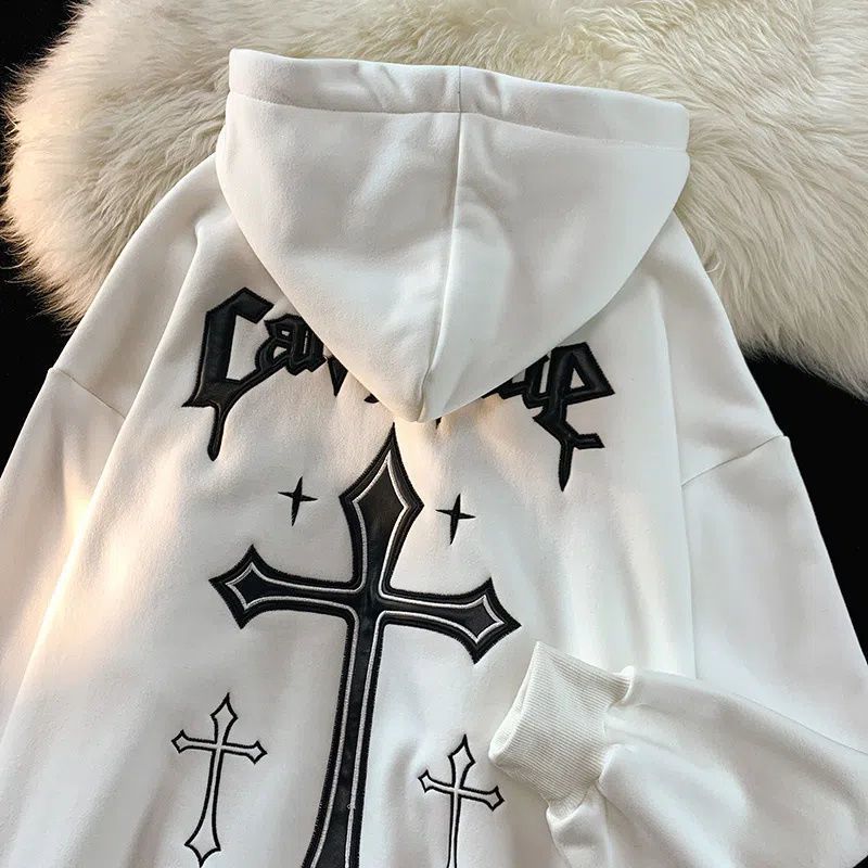 Cross Printed Loose Unisex Hoodie