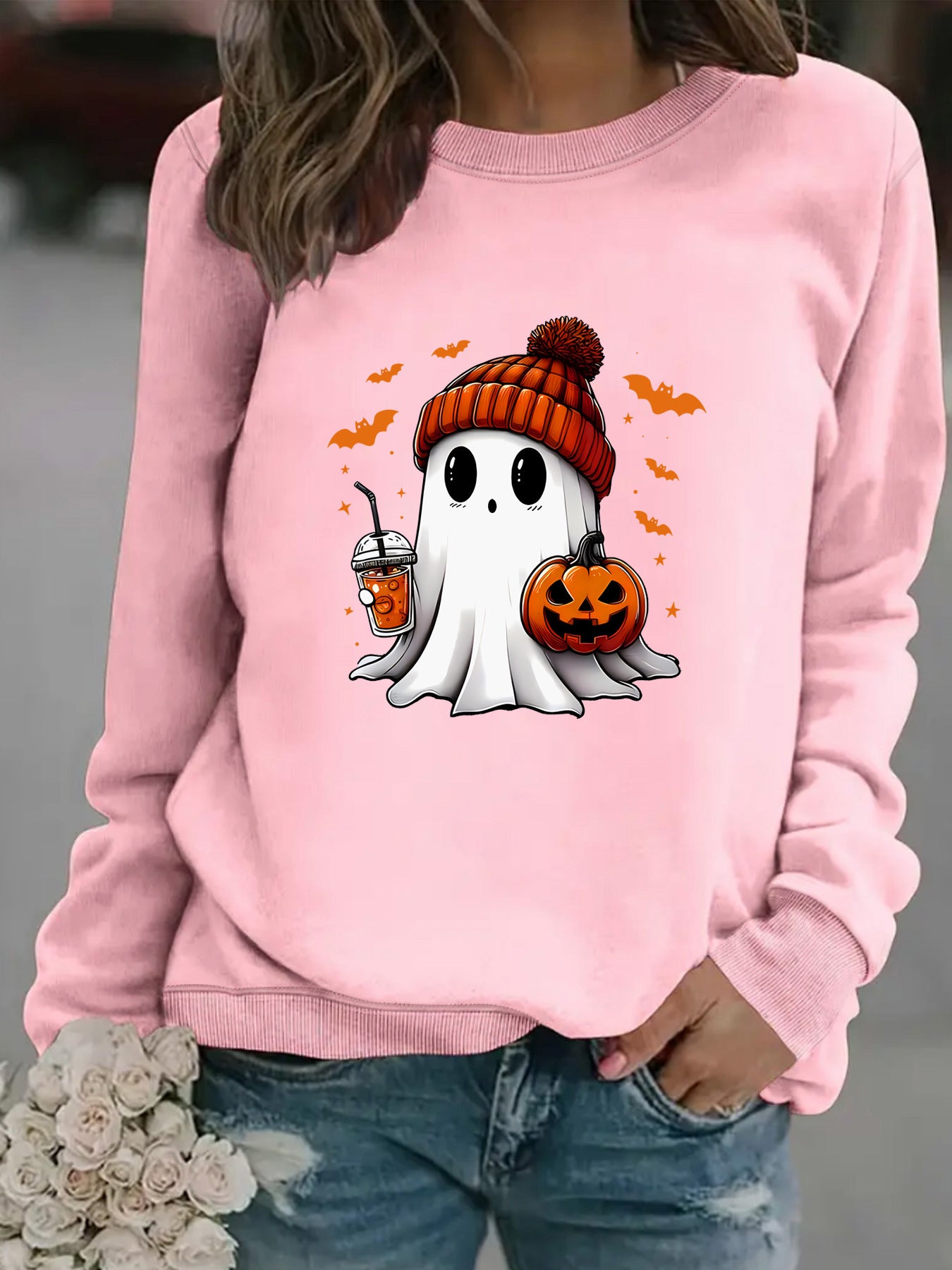 Ghost Snowman Print Crewneck Sweater