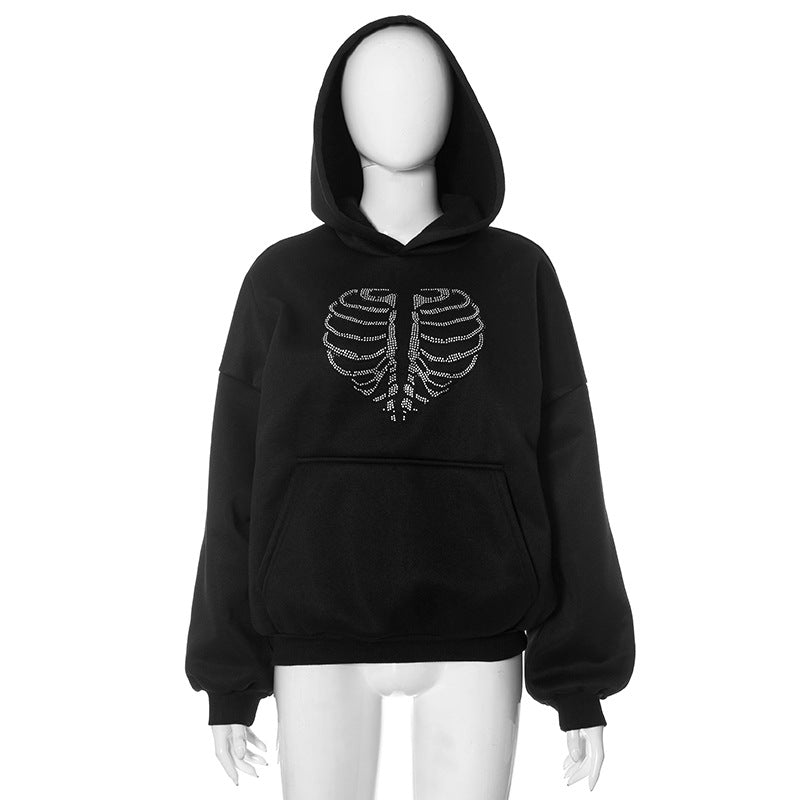 Sparkly Skeleton Rhinestone Y2K Loose Hoodie
