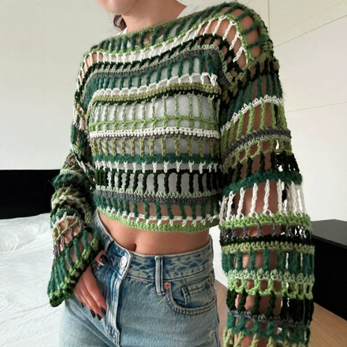 Womens Pullover Ribbed Openwork Blouse