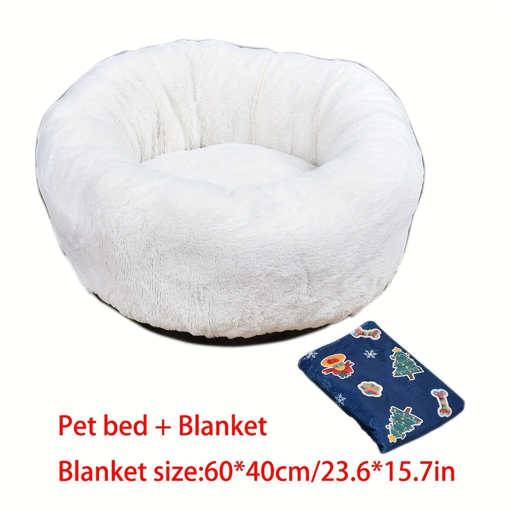 2Pcs Plush Dog & Cat Bed, Winter Warm Pet Round Nest For Small Pets + Christmas Floral Blanket (23.62*15.75Inch), Pet Bed, Cozy Pet Nest, Floral Design, Festive Pet Accessory, Plush Material, Cat L...
