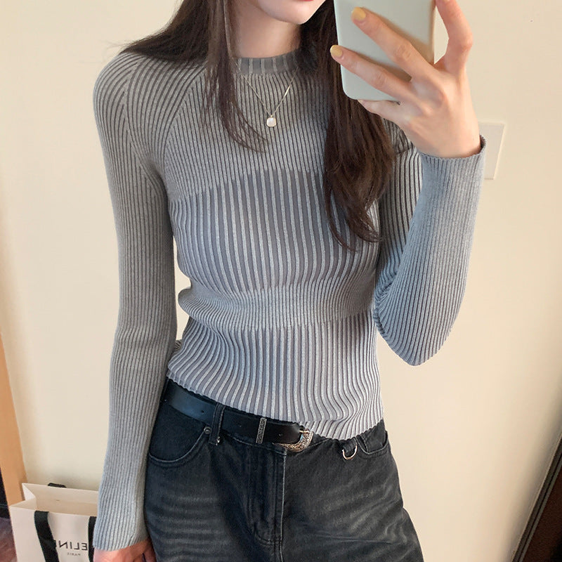 Women's Round Neck Hollow Sweater for Autumn and Winter Within Stripe Thickening