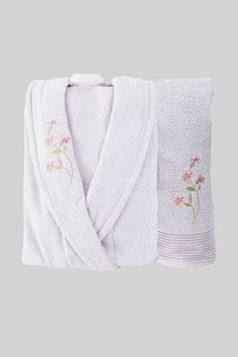 Lilac 100% Cotton Bathrobe Set with Hand Towel