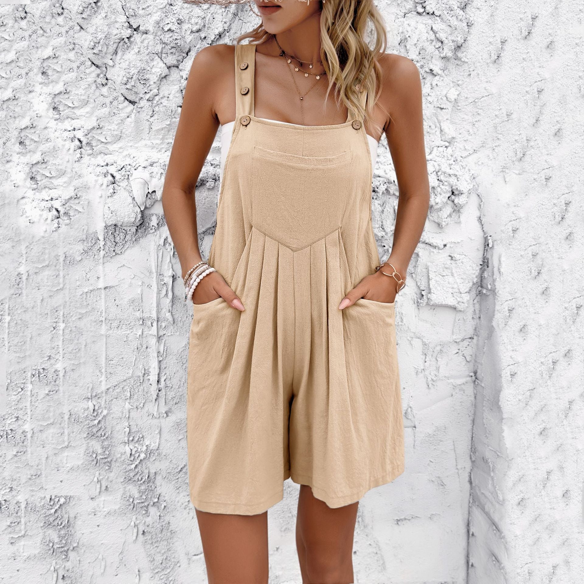 Solid Color Casual Suspenders Short Jumpsuit
