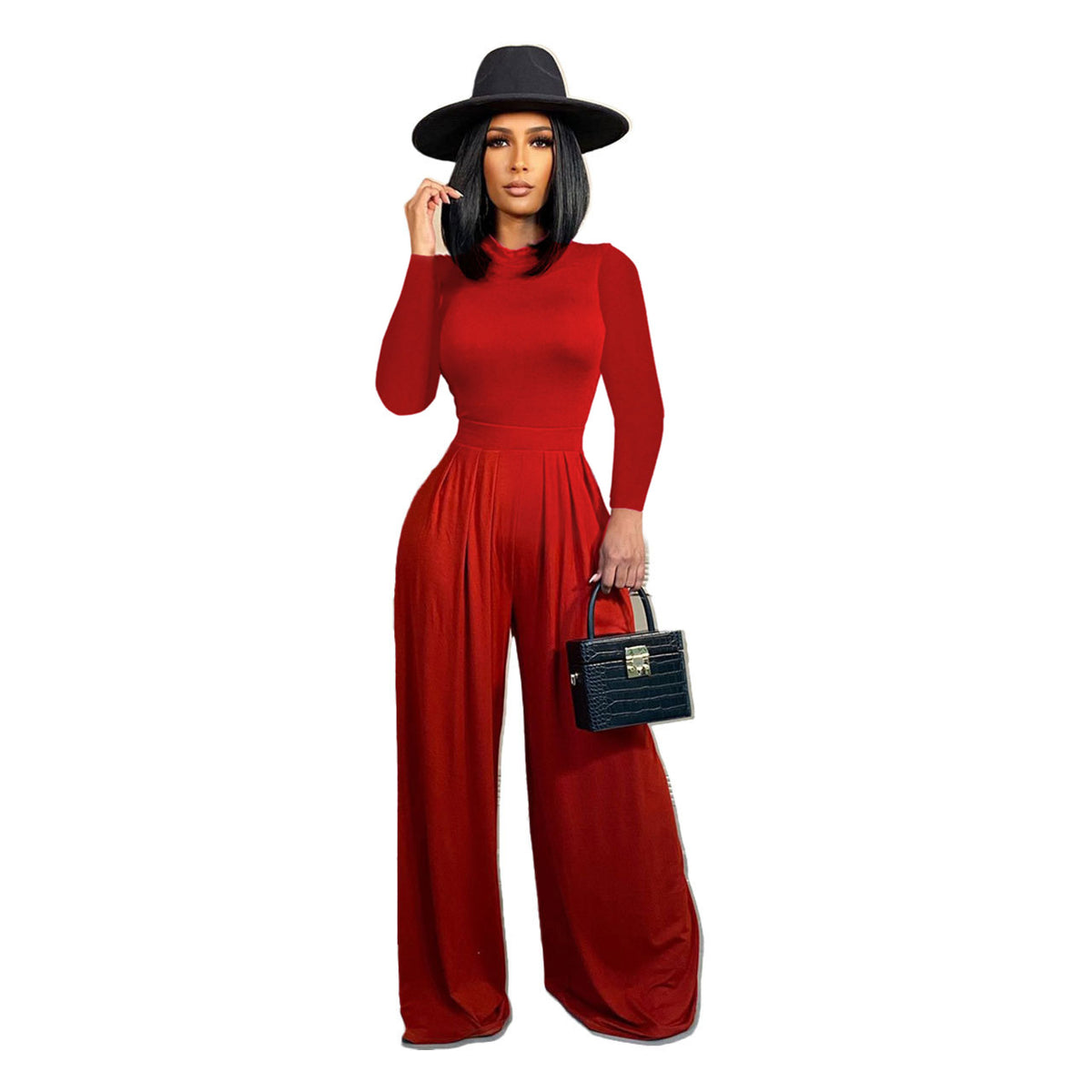 Chic Solid Long-Sleeve Wide-Leg Jumpsuit