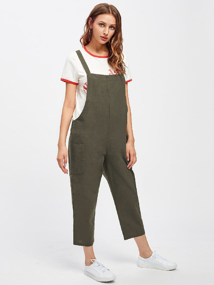 Casual Cotton Pocket Suspenders Cropped Overalls