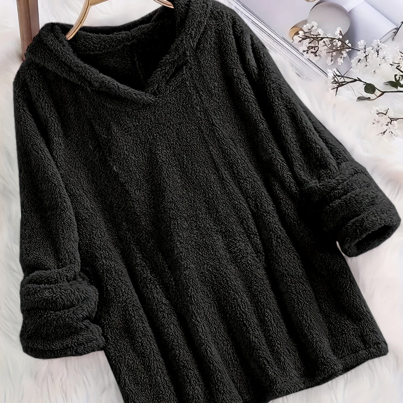 Plus Size Women's Solid Color Long Sleeve Hooded Fleece-Lined Plush Sweatshirt
