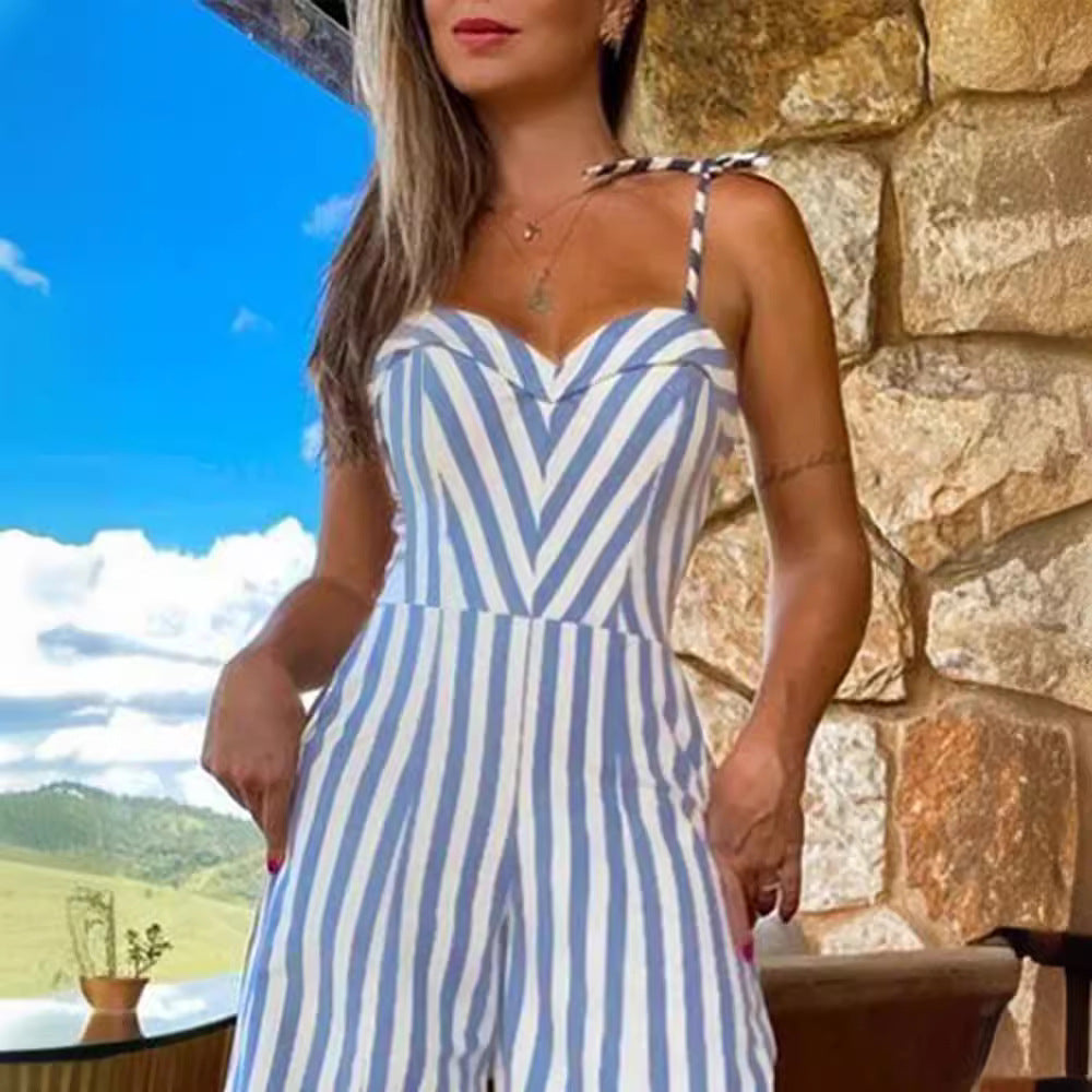 Women's Striped Lace-Up Slit Summer Jumpsuit