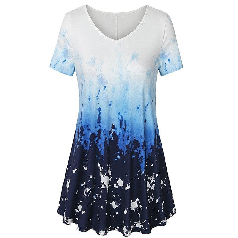 Summer Women Vintage Print Long T Shirt Ladies Short Sleeve V Neck Female Tee Top Casual Loose Tops Plus Size 5XL 6 Color
