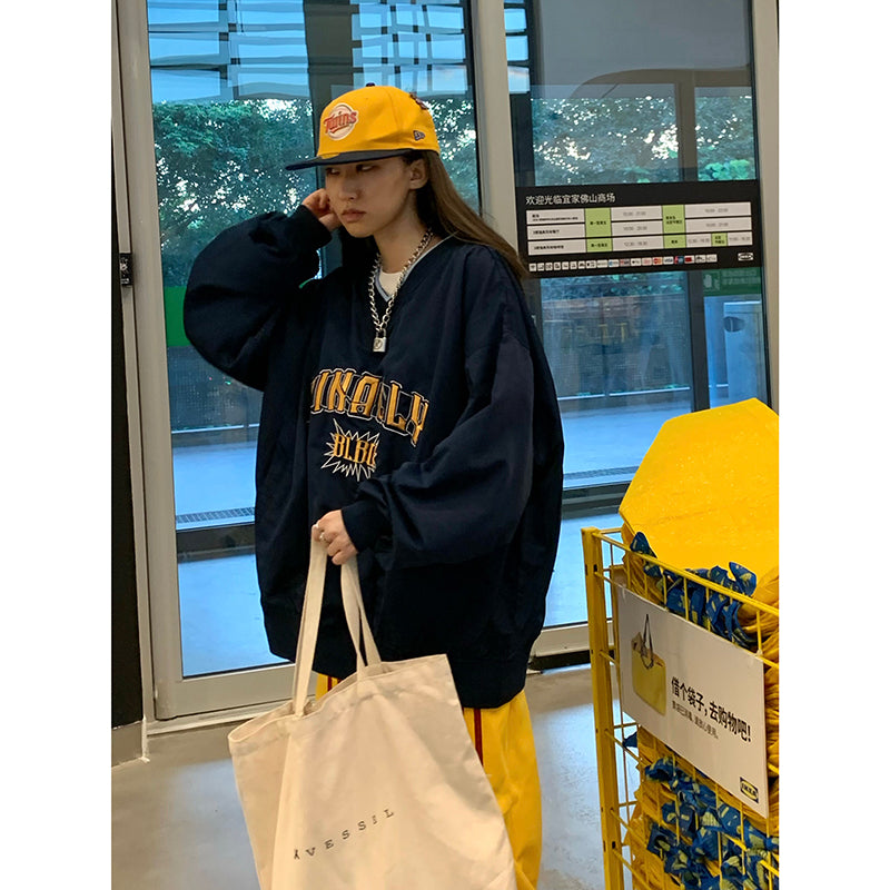 Women's Letter Embroidered V-Neck Pullover Streetwear Hoodie