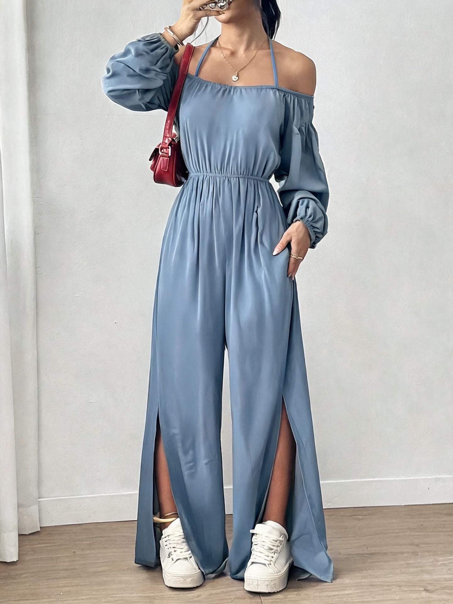Women's Casual Strapless Slit Wide-Leg Jumpsuit