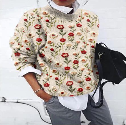 Chic Digital Print Round Neck Knit Sweater