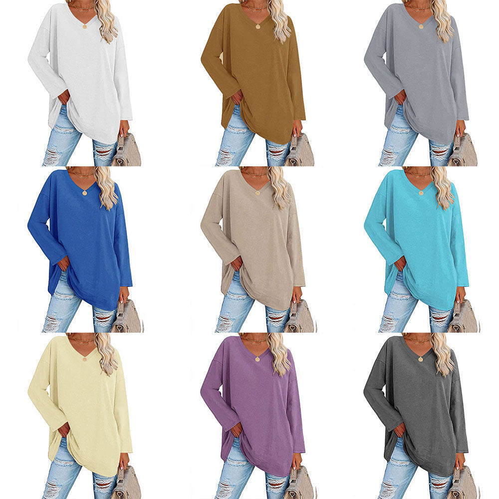 Oversized V-Neck Drop-Shoulder Casual Cotton T-Shirt
