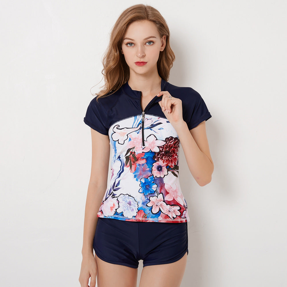 Women's Short Sleeve Conservative Split Swimsuit