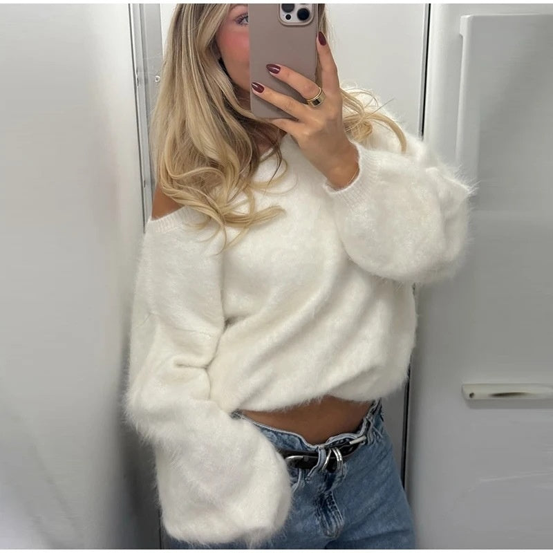 New Loose Diagonal Collar Solid Color Sweater for Women