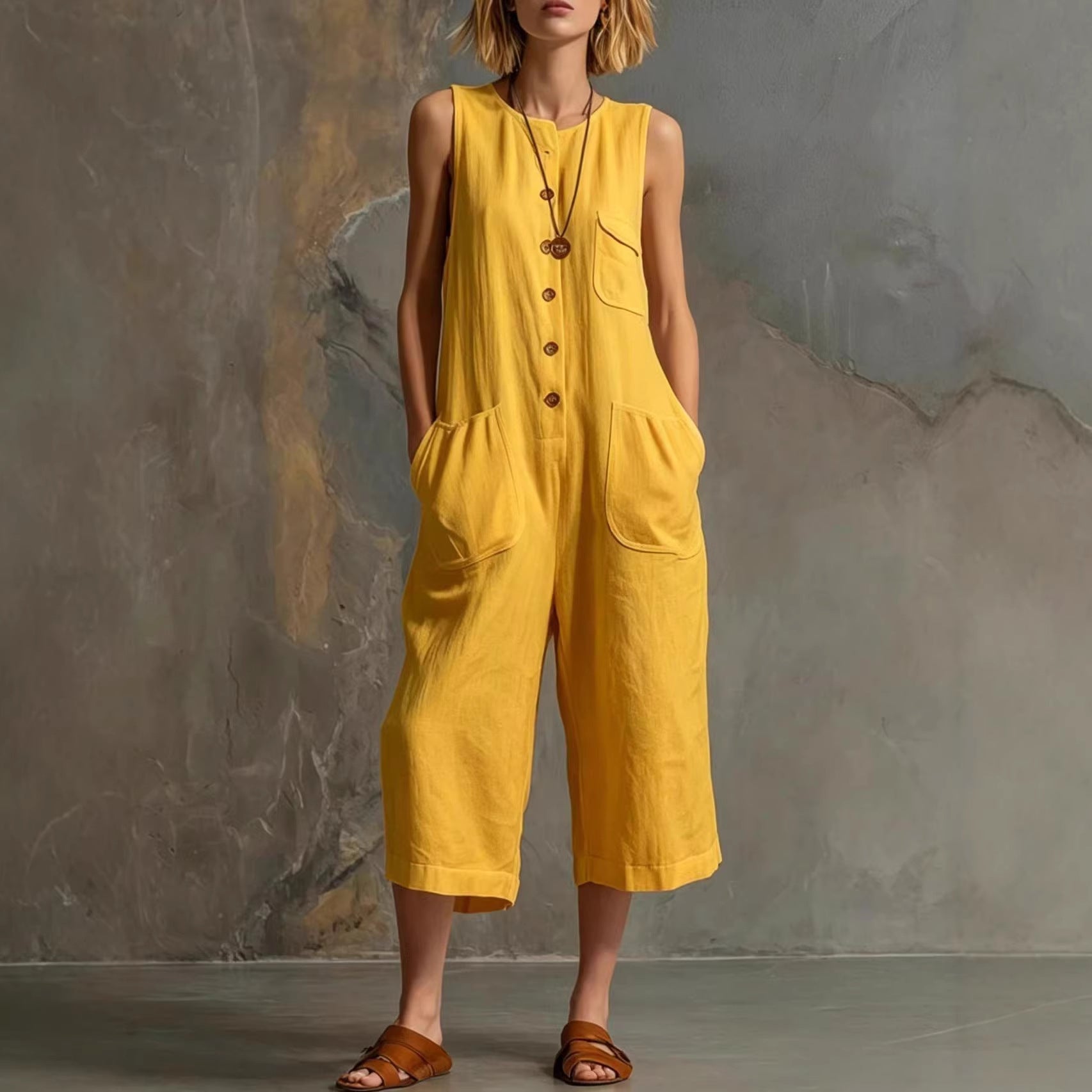 Retro Cotton-Linen Wide-Leg Cropped Jumpsuit