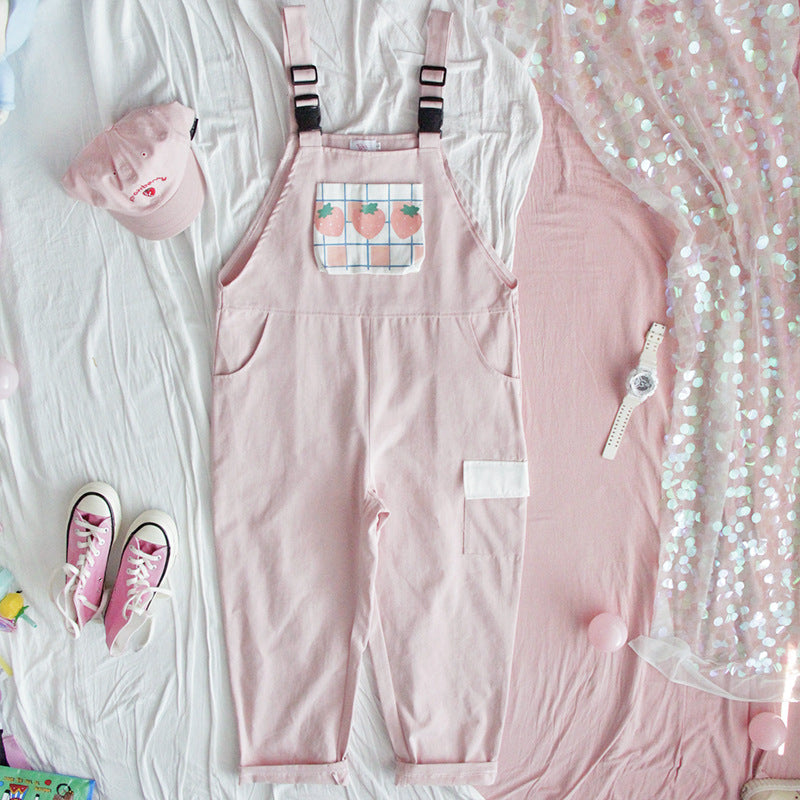 Girly Japanese small cream strawberry high waist jumpsuit