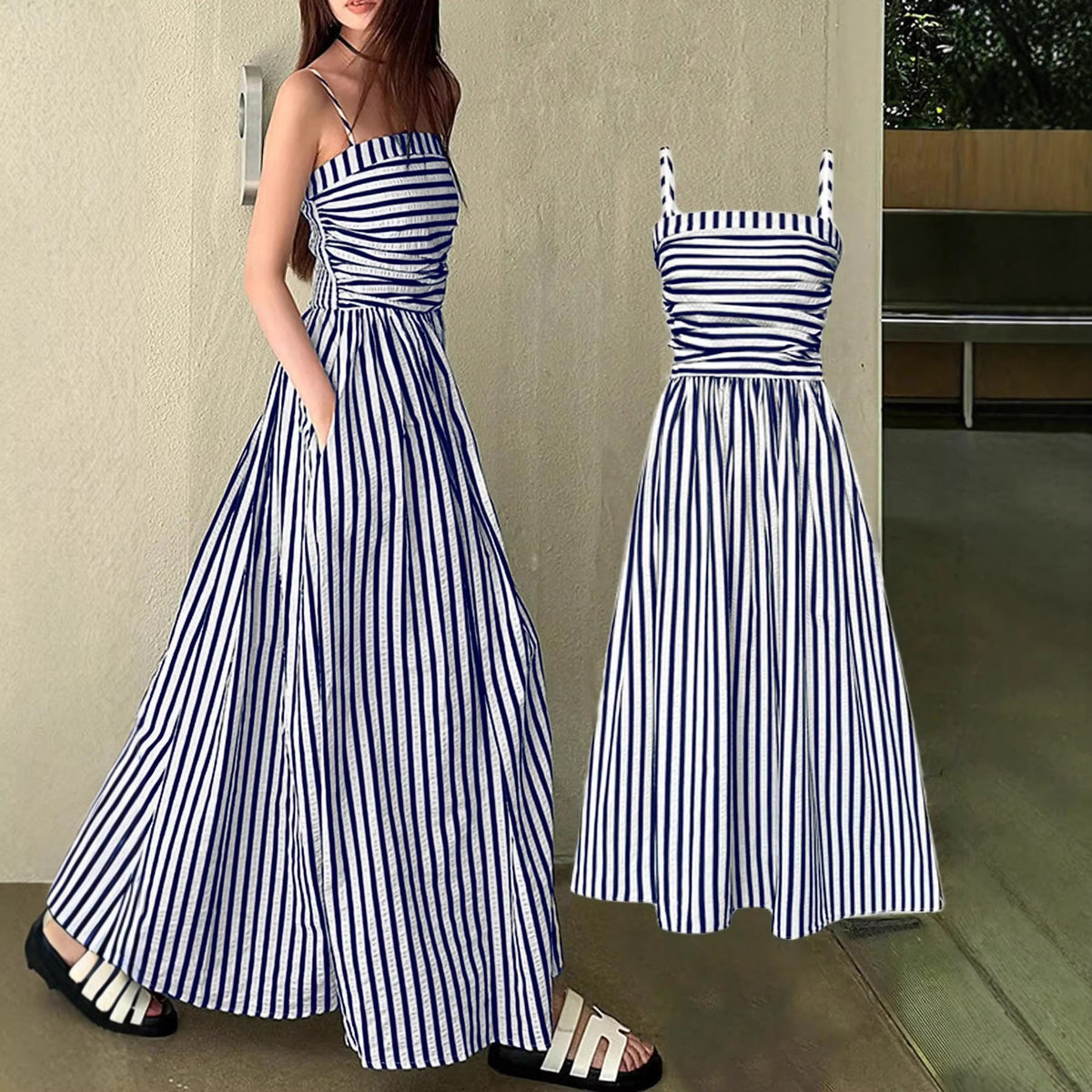 Elegant Striped Off-Shoulder Long Dress