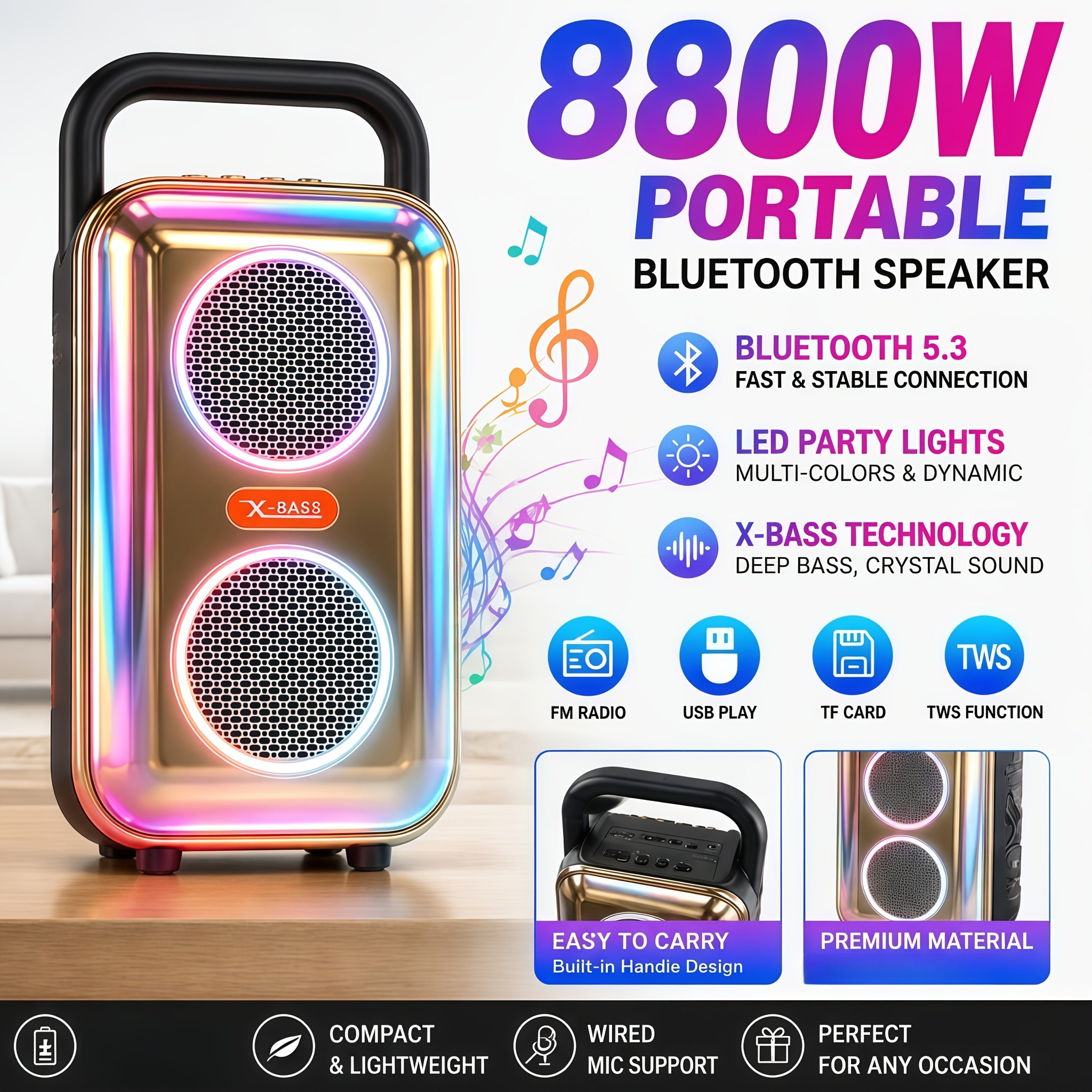 Bluetooth Karaoke Speaker with Wired Microphone – Colorful LED Lights, PA System, TF Card/USB/AUX Support, TWS Capability – Ideal for Parties, Large Events, and Square Dancing