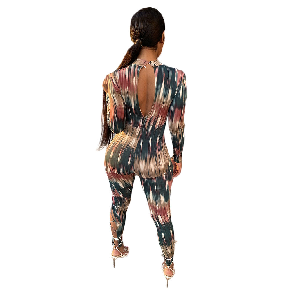 Women's long-sleeved colorful Christmas print jumpsuit
