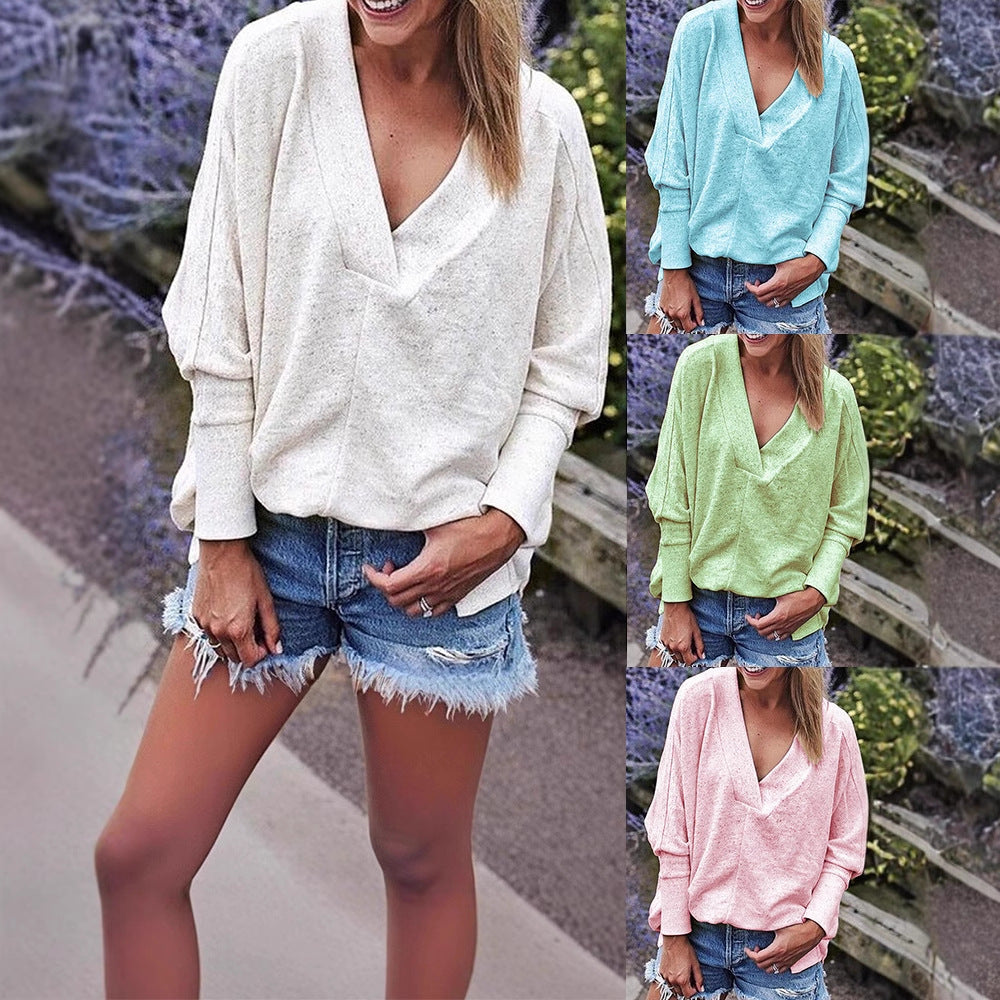 Loose Fit V-Neck Long Sleeve Sweatshirt – Casual Solid Top