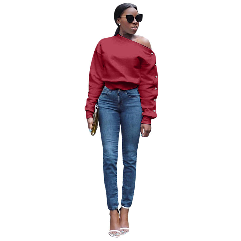 Chic Off-Shoulder Buckle Sleeve Sweater for Women