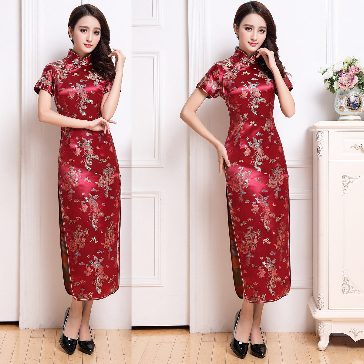 Chinese-style Stand-up Collar Diagonal Placket Short-sleeve Womens Vintage