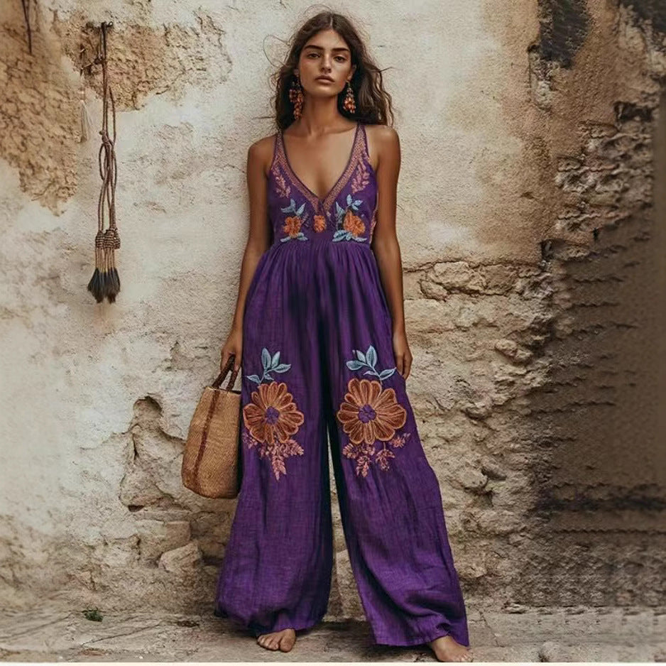 Retro Floral Cotton-Linen Wide-Leg Jumpsuit