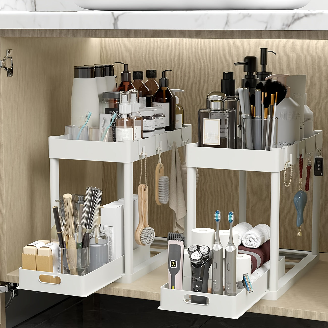 2 Pack Heavy-Duty Under Sink Organizer with Sliding Shelves & 8 Hooks