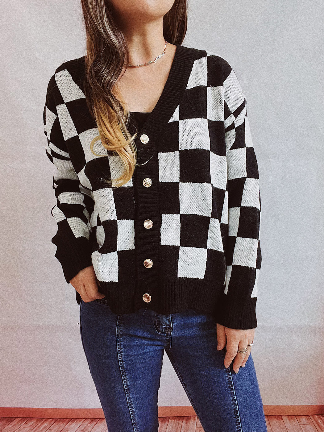 Asian Contrast Color Chessboard Plaid Autumn and Winter Women's Sweater