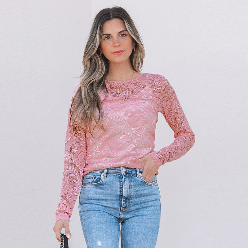 Sexy Sheer Long‑Sleeve Round‑Neck Top – European & American Style