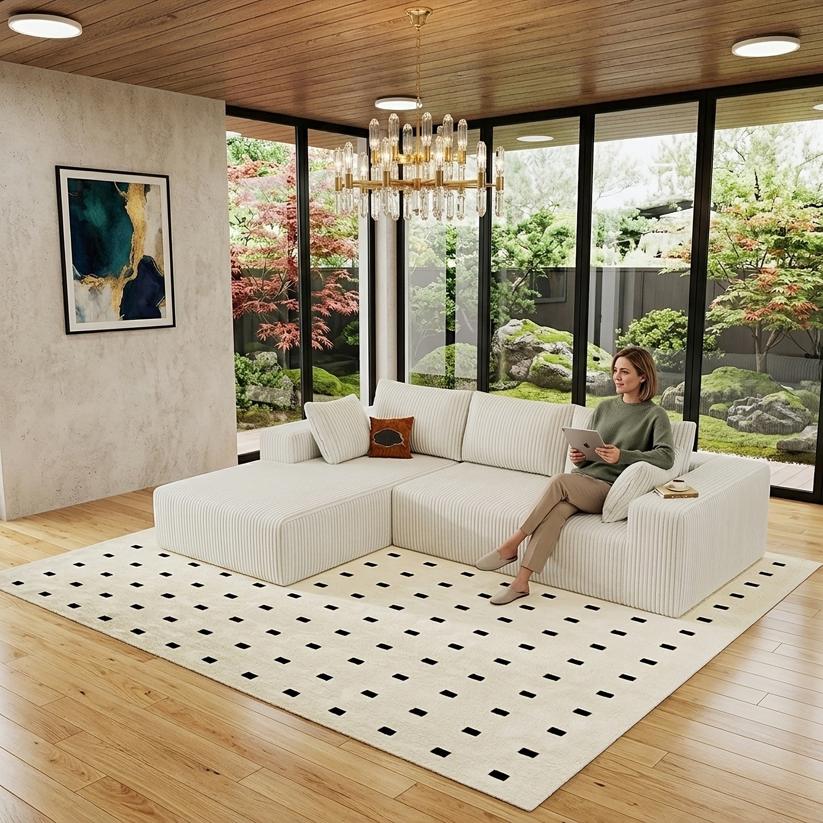 Modular L-shaped chaise longue sofa bed with deep seat and corduroy upholstery