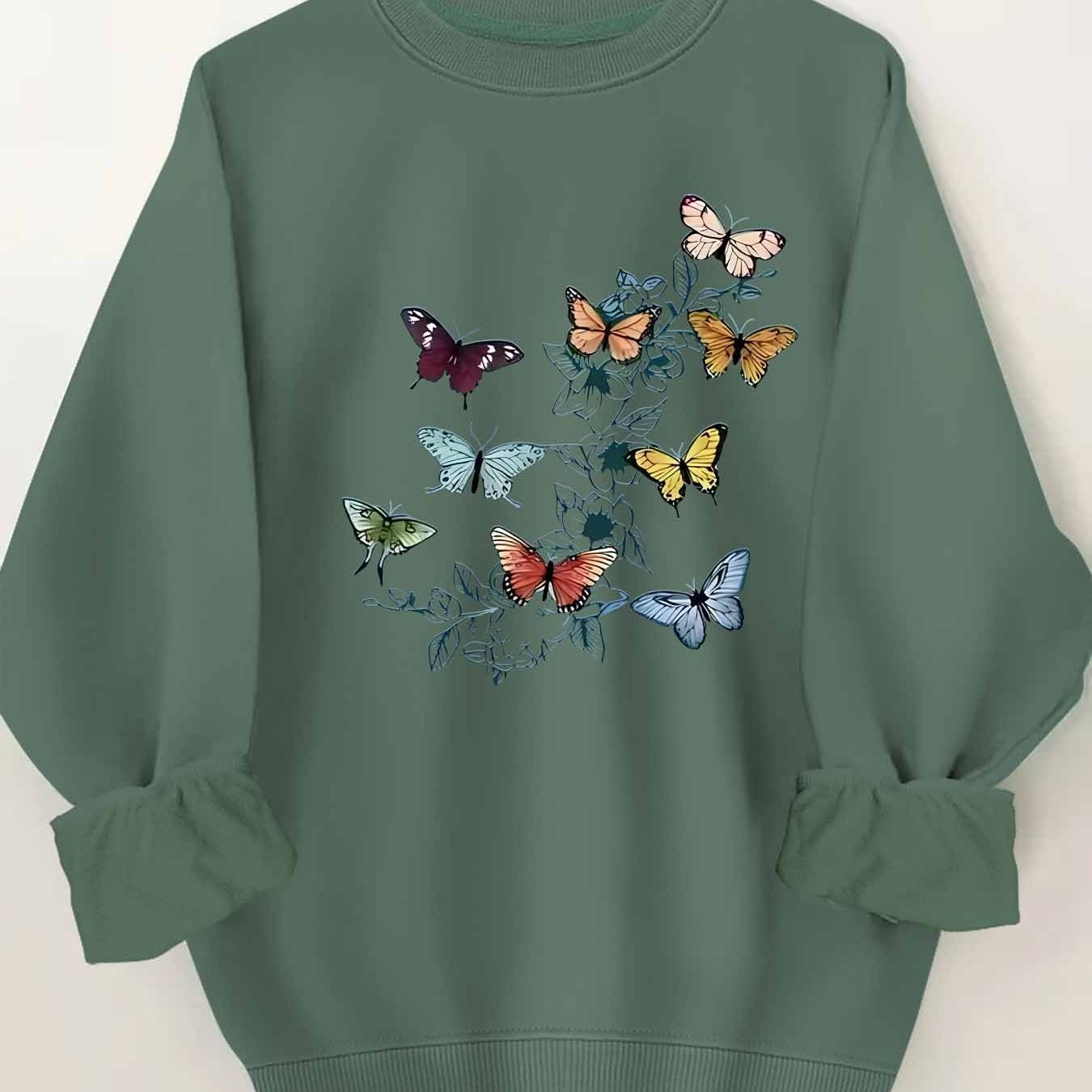Women's Plus Size Butterfly Print Round Neck Sweatshirt – Size S