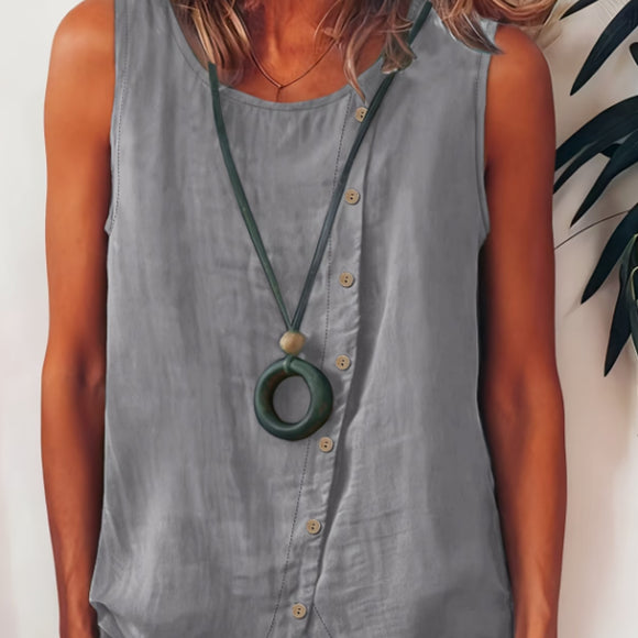 Boho Sleeveless Button-Front Shirt for Women – Light Blue & Grey