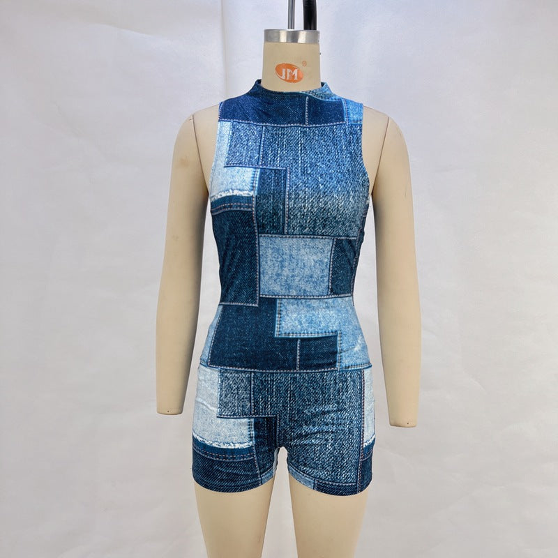 Trendy Sleeveless Denim Print Jumpsuit