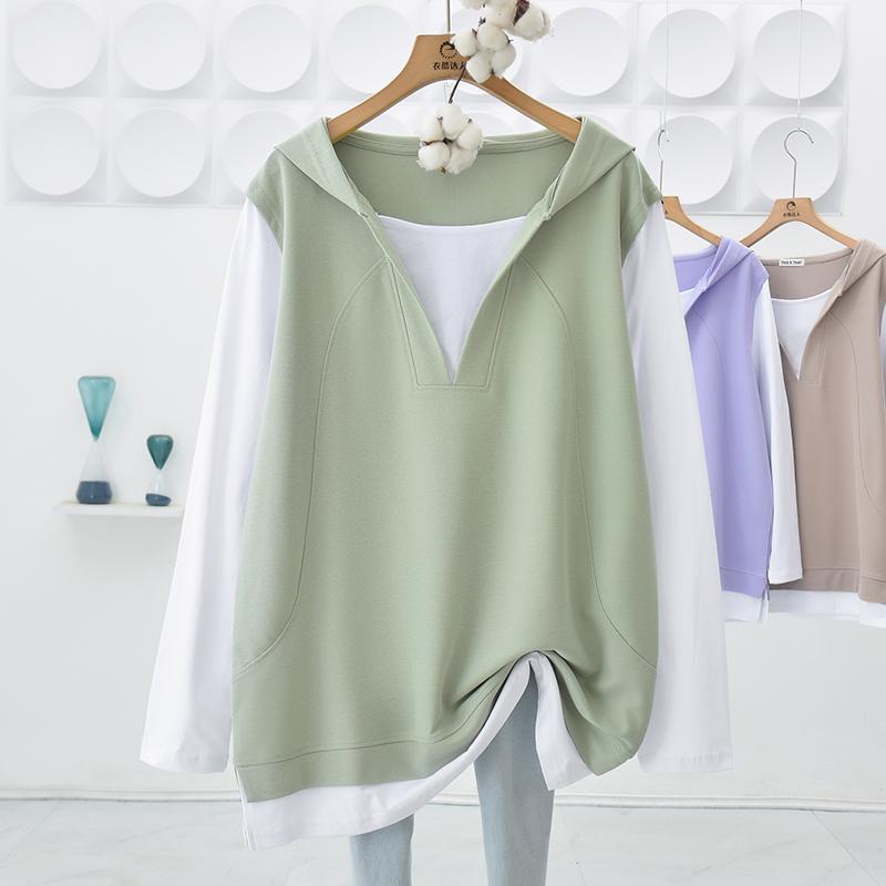 Comfy Fake Two-Piece Hooded Mid-Length Sweatshirt