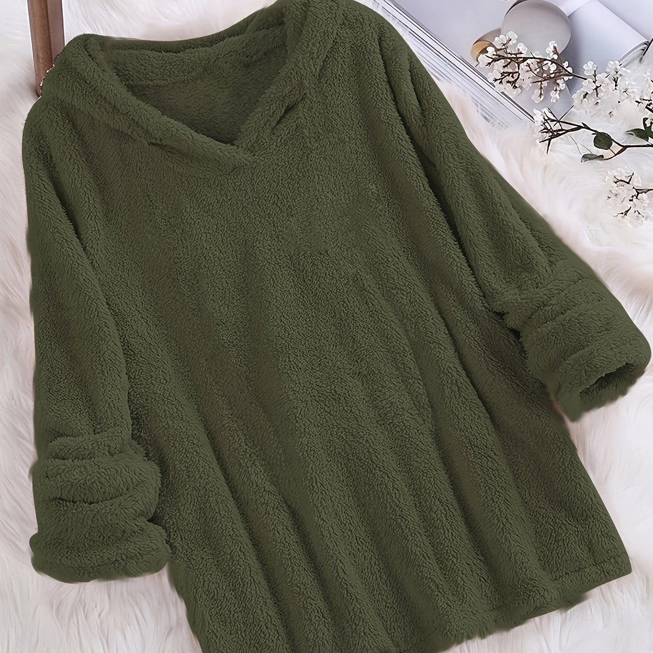 Plus Size Women's Solid Color Long Sleeve Hooded Fleece-Lined Plush Sweatshirt