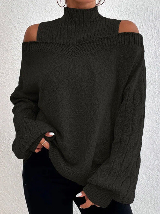 Off-shoulder Womens Pullover Mock Turtleneck Puff-sleeve Knit Sweat…