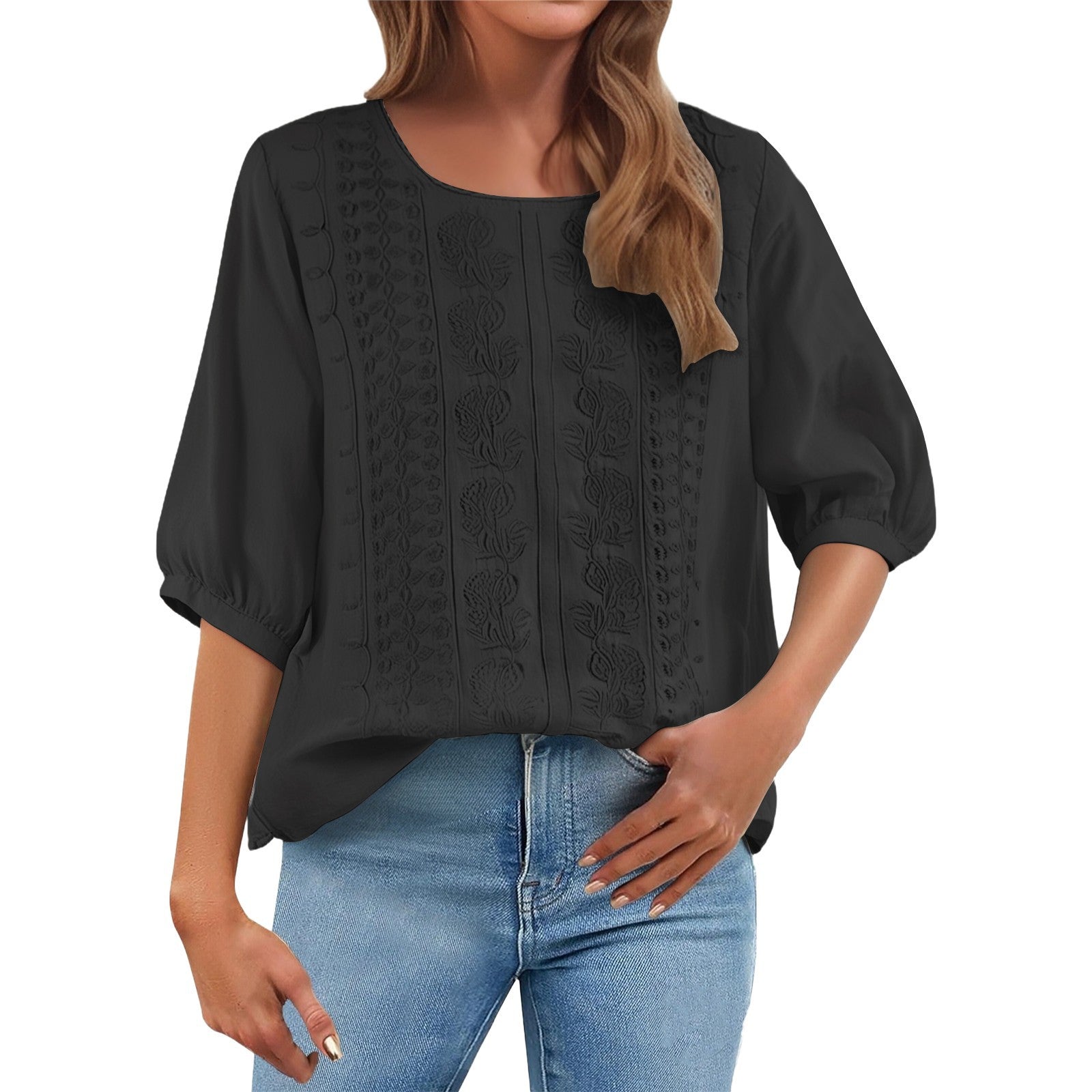 Embroidered Linen Cotton Round Neck Blouse, Casual Summer Top