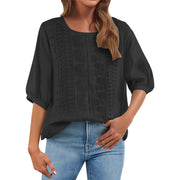 Embroidered Linen Cotton Round Neck Blouse, Casual Summer Top