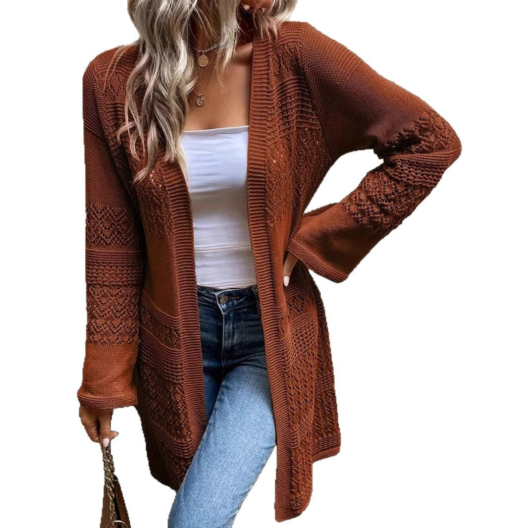 Elegant Mature Solid-color Hollow-out Long-sleeve Plus-size Womens Cardigan