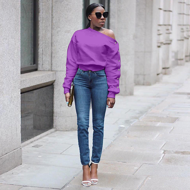 Chic Off-Shoulder Buckle Sleeve Sweater for Women