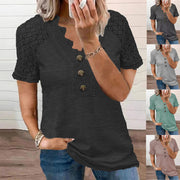 Women's V-Neck Button-Front Lace Tee – Soft Stretch Fit