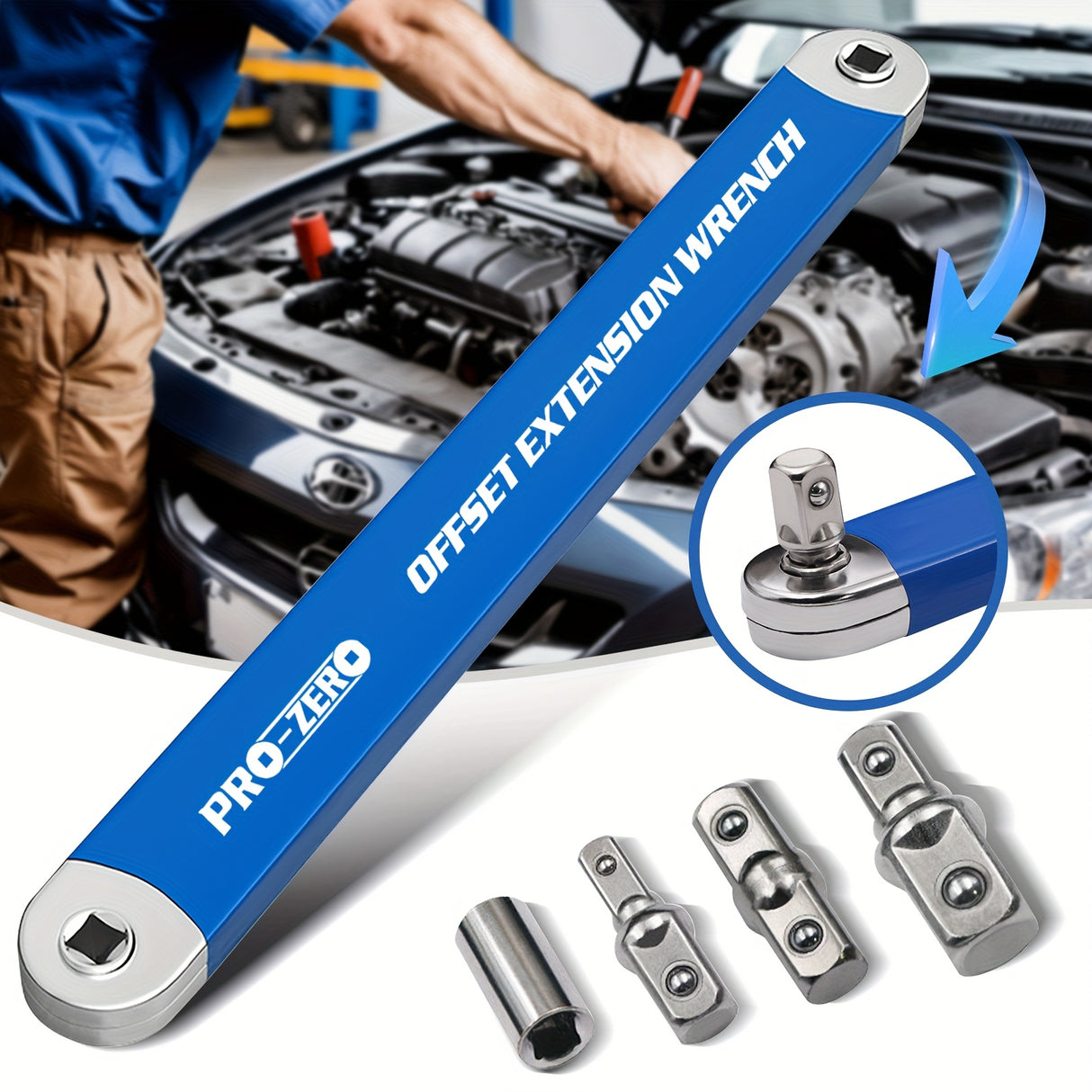 2-in-1 Multi-Function Ratchet Offset Extension Wrench With 1/2", 1/4" And 3/8" Square Head Adapters For Confined Spaces, 180 Degree Swivel, High Torque, Non-Slip Handle, Durable Metal, Automotive R...