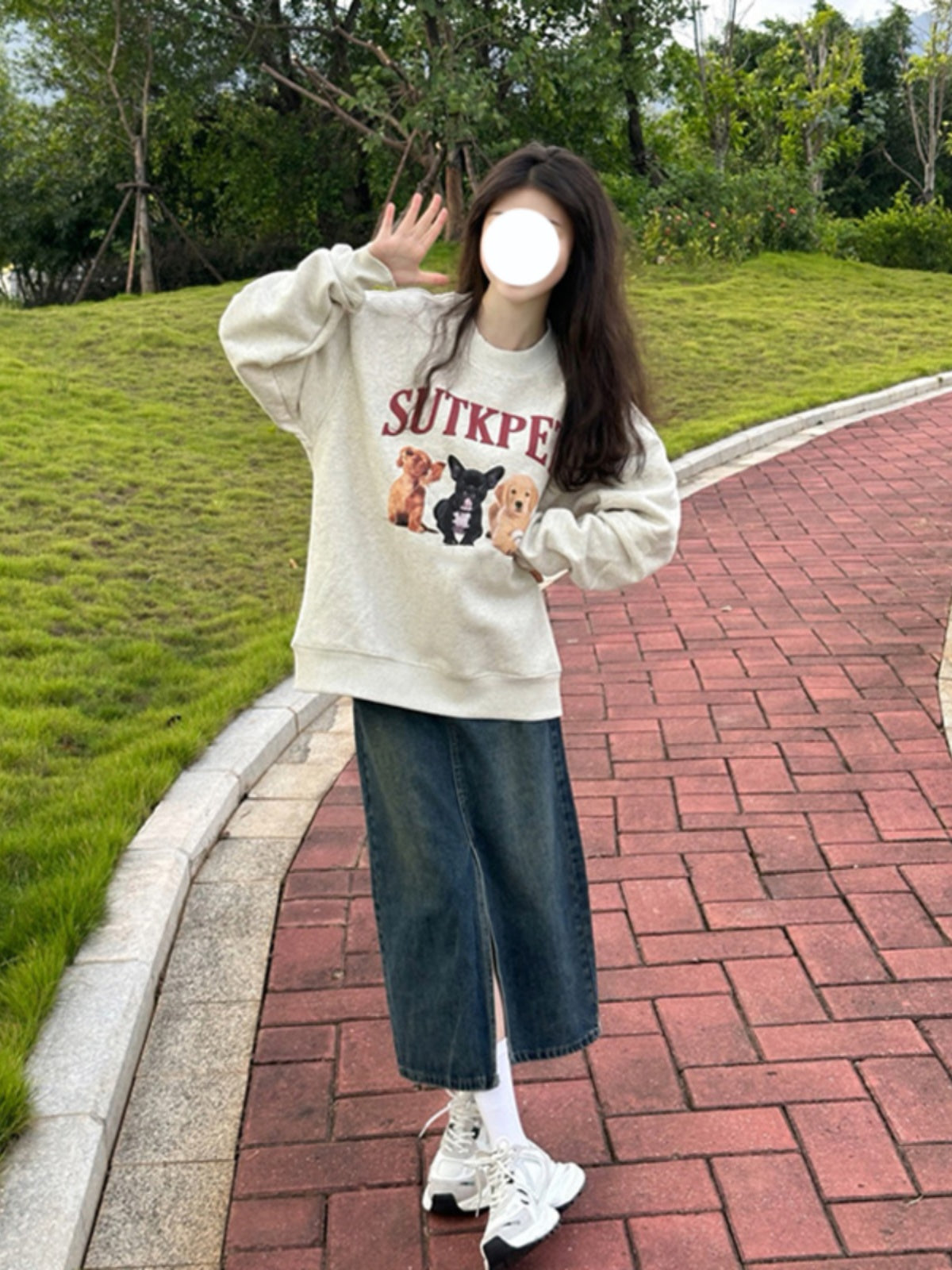 Retro Cartoon Puppy Gray Pullover Sweater